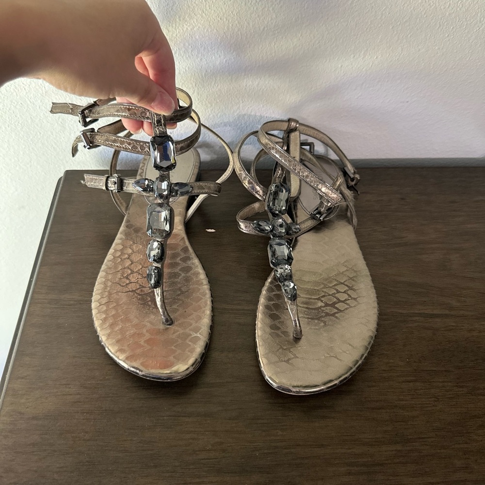 Micheal Kors Elegant Snake Print Sandals with Gemstone Accents- Metallic Pewter